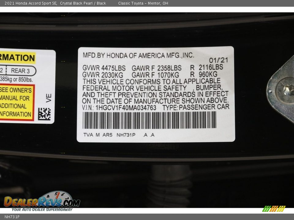 Honda Color Code NH731P Crystal Black Pearl