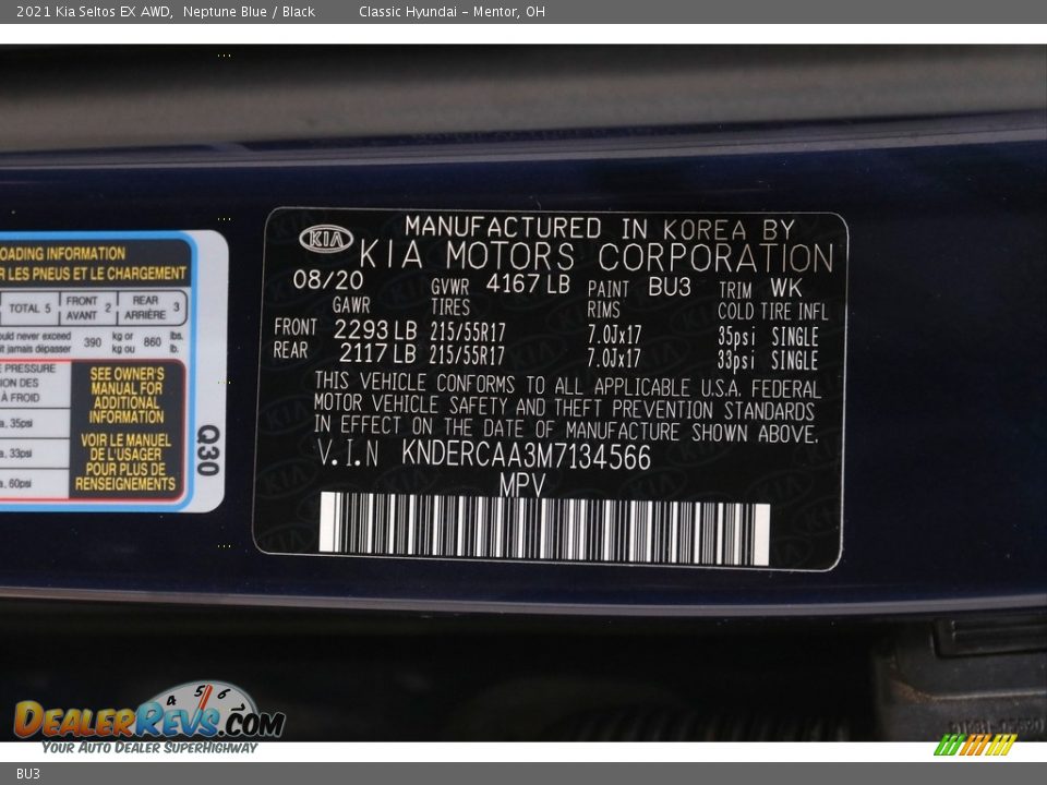 Kia Color Code BU3 Neptune Blue