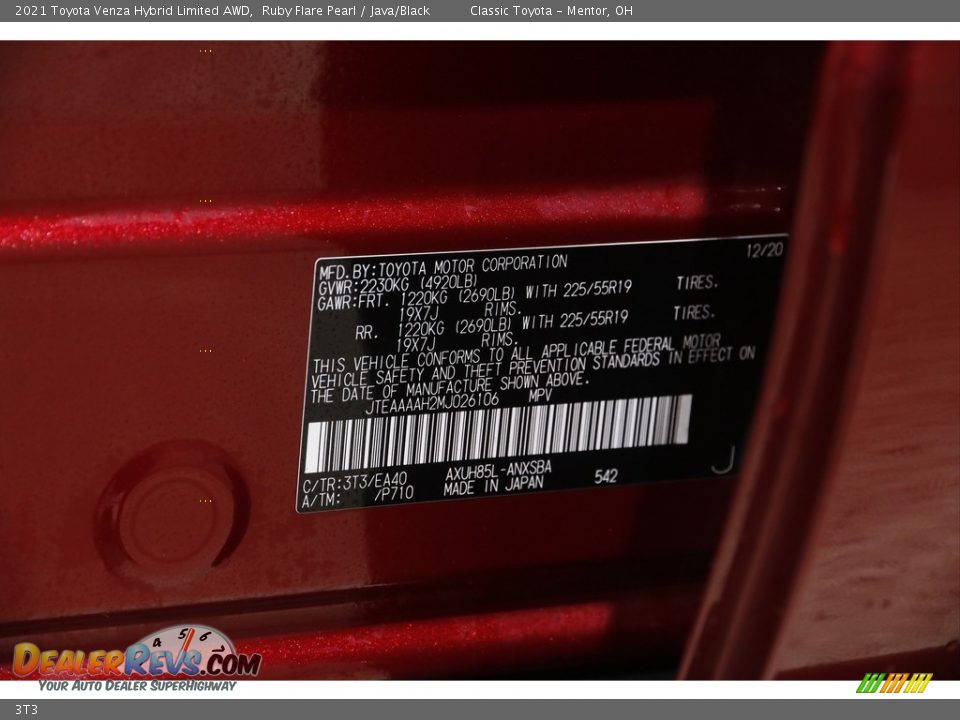 Toyota Color Code 3T3 Ruby Flare Pearl