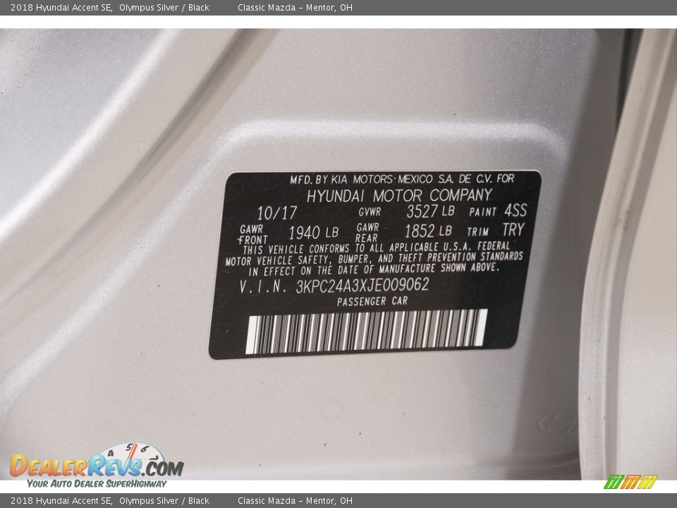 2018 Hyundai Accent SE Olympus Silver / Black Photo #21