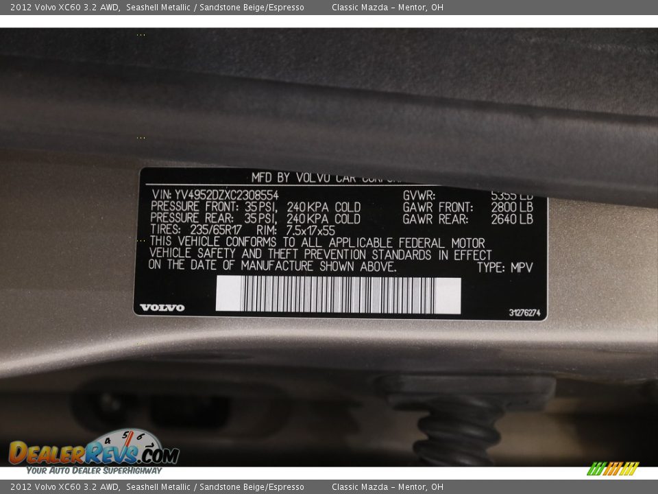 2012 Volvo XC60 3.2 AWD Seashell Metallic / Sandstone Beige/Espresso Photo #21