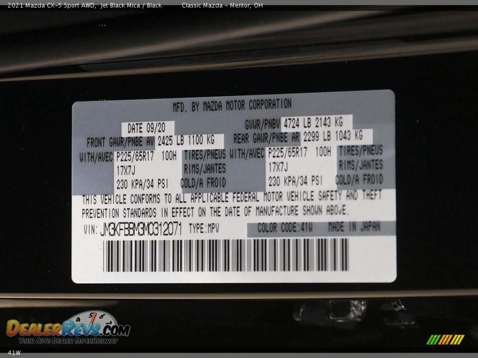 Mazda Color Code 41W Jet Black Mica