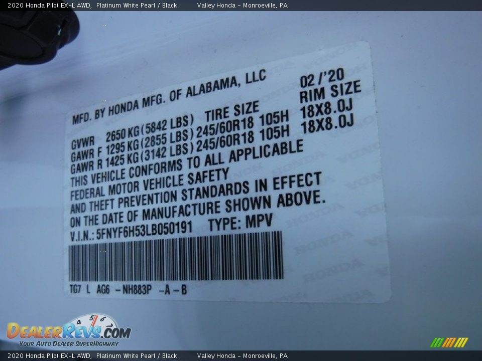 2020 Honda Pilot EX-L AWD Platinum White Pearl / Black Photo #34