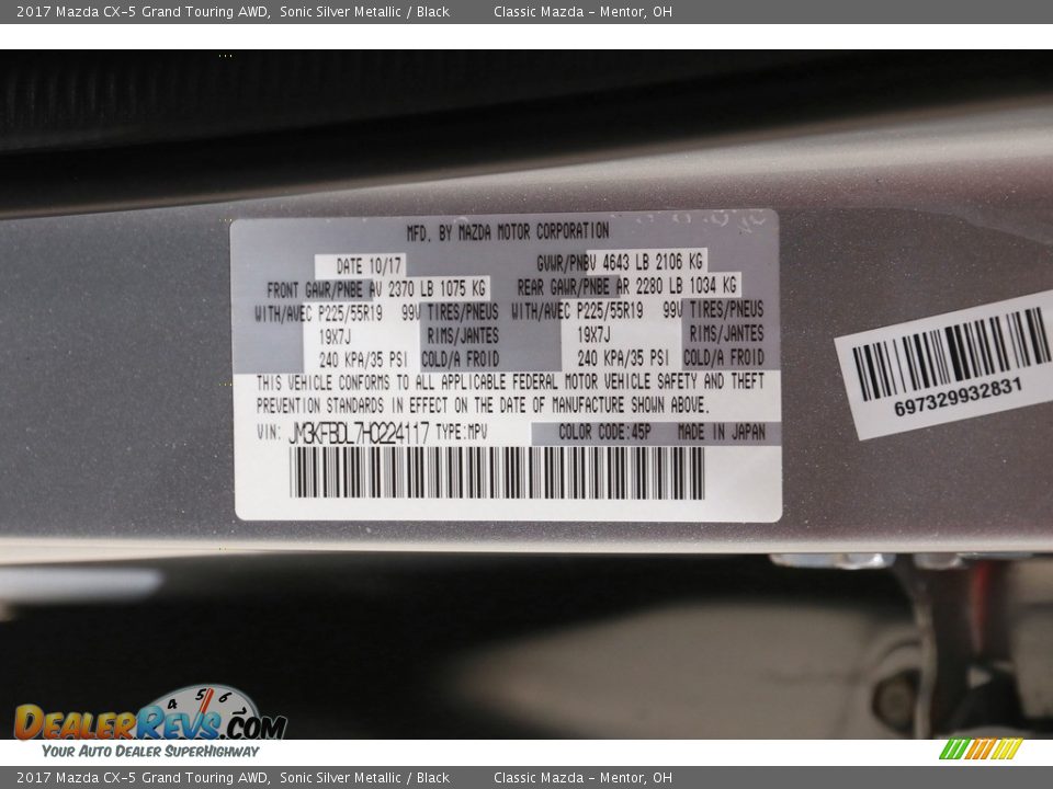 2017 Mazda CX-5 Grand Touring AWD Sonic Silver Metallic / Black Photo #24