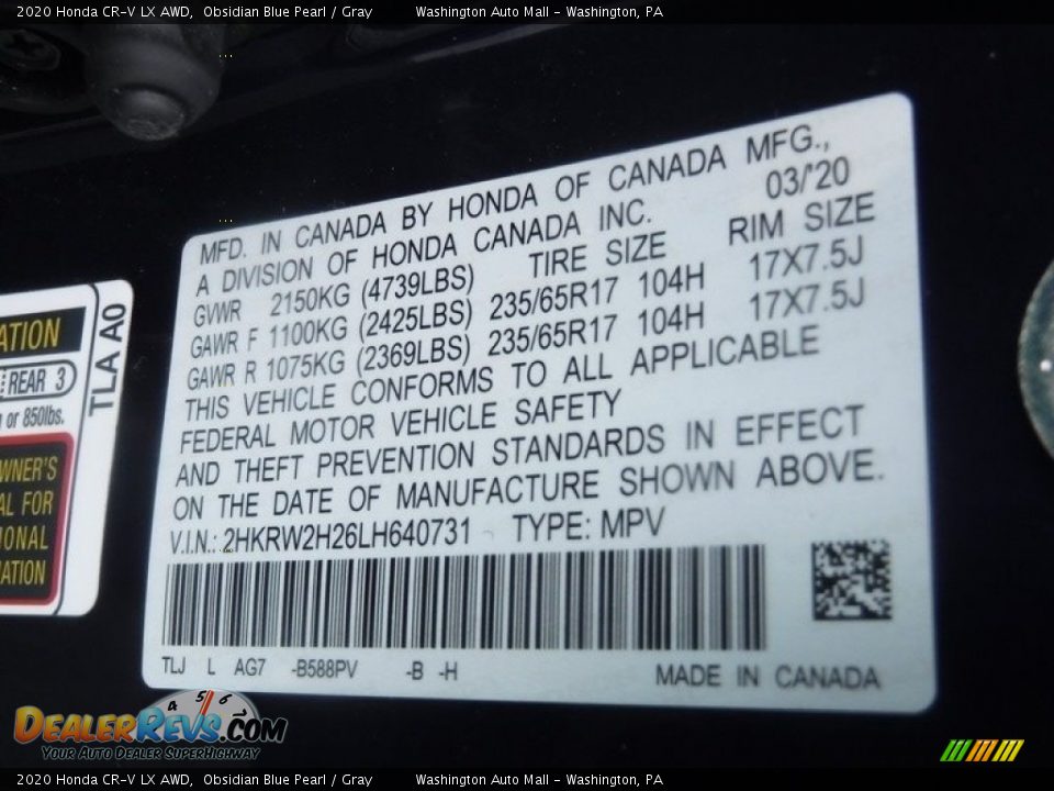 2020 Honda CR-V LX AWD Obsidian Blue Pearl / Gray Photo #27