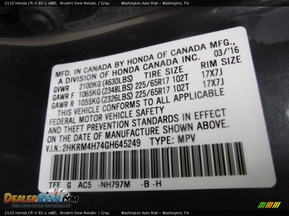 2016 Honda CR-V EX-L AWD Modern Steel Metallic / Gray Photo #34