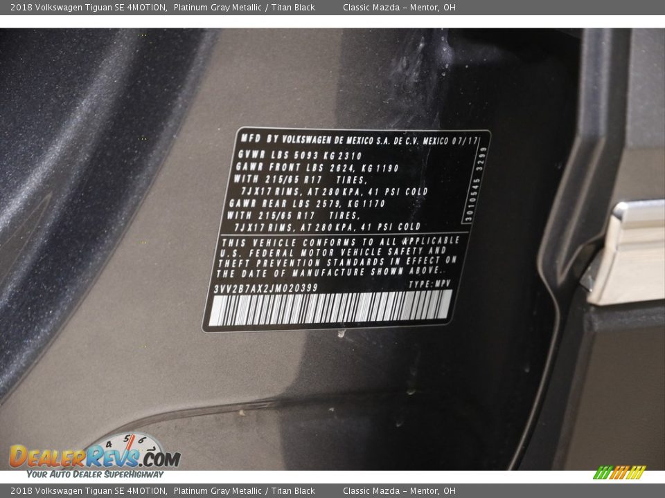 2018 Volkswagen Tiguan SE 4MOTION Platinum Gray Metallic / Titan Black Photo #21