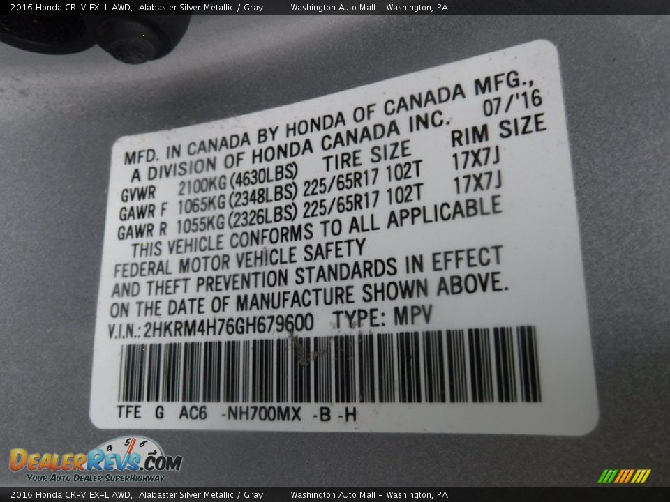 2016 Honda CR-V EX-L AWD Alabaster Silver Metallic / Gray Photo #34