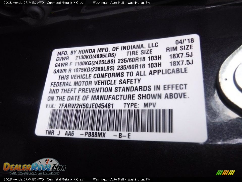 2018 Honda CR-V EX AWD Gunmetal Metallic / Gray Photo #33