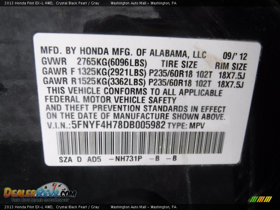 2013 Honda Pilot EX-L 4WD Crystal Black Pearl / Gray Photo #33