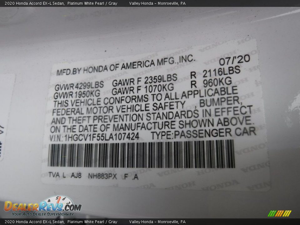 2020 Honda Accord EX-L Sedan Platinum White Pearl / Gray Photo #32