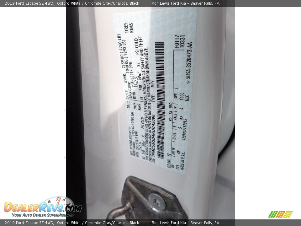 2019 Ford Escape SE 4WD Oxford White / Chromite Gray/Charcoal Black Photo #20
