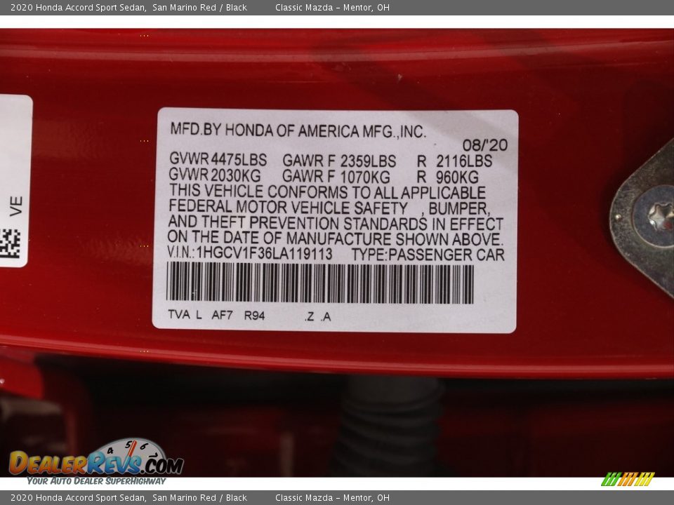 2020 Honda Accord Sport Sedan San Marino Red / Black Photo #23