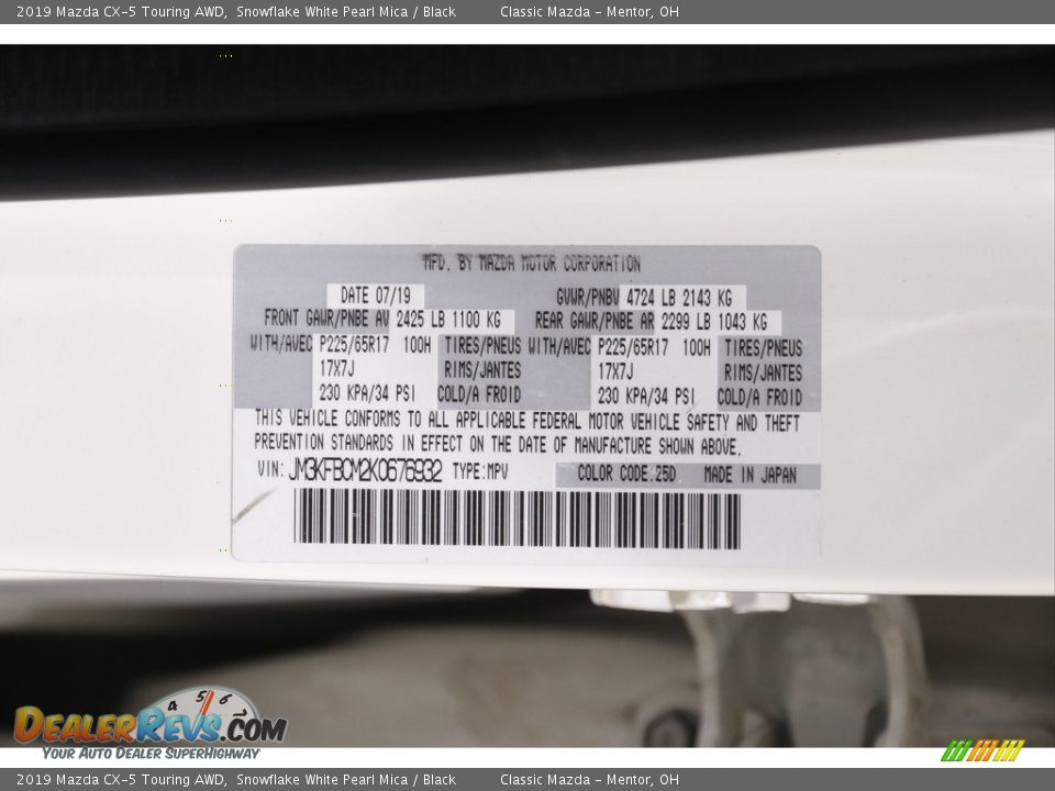2019 Mazda CX-5 Touring AWD Snowflake White Pearl Mica / Black Photo #21