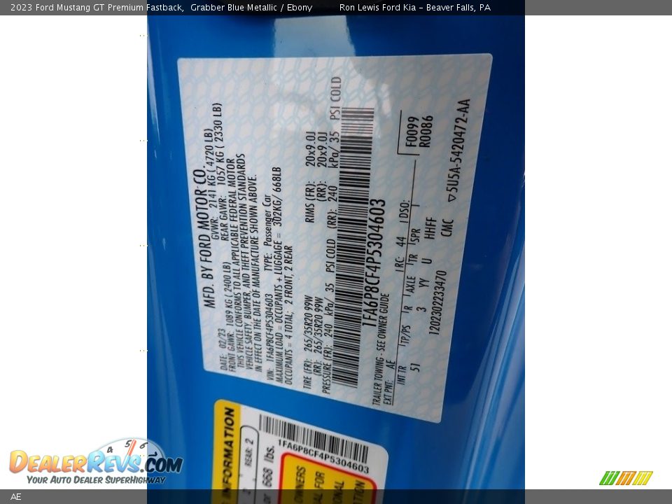 Ford Color Code AE Grabber Blue Metallic