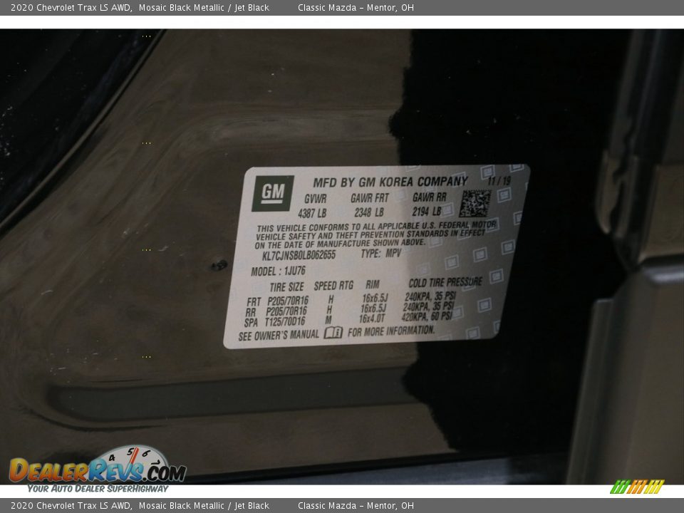 2020 Chevrolet Trax LS AWD Mosaic Black Metallic / Jet Black Photo #20