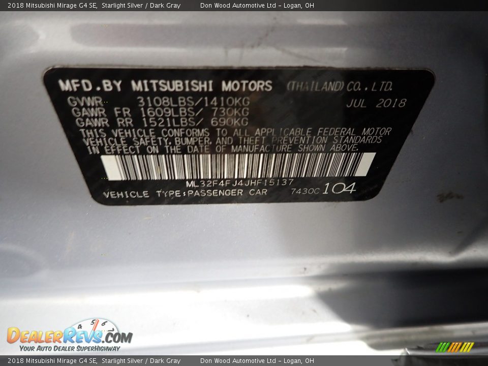 2018 Mitsubishi Mirage G4 SE Starlight Silver / Dark Gray Photo #30