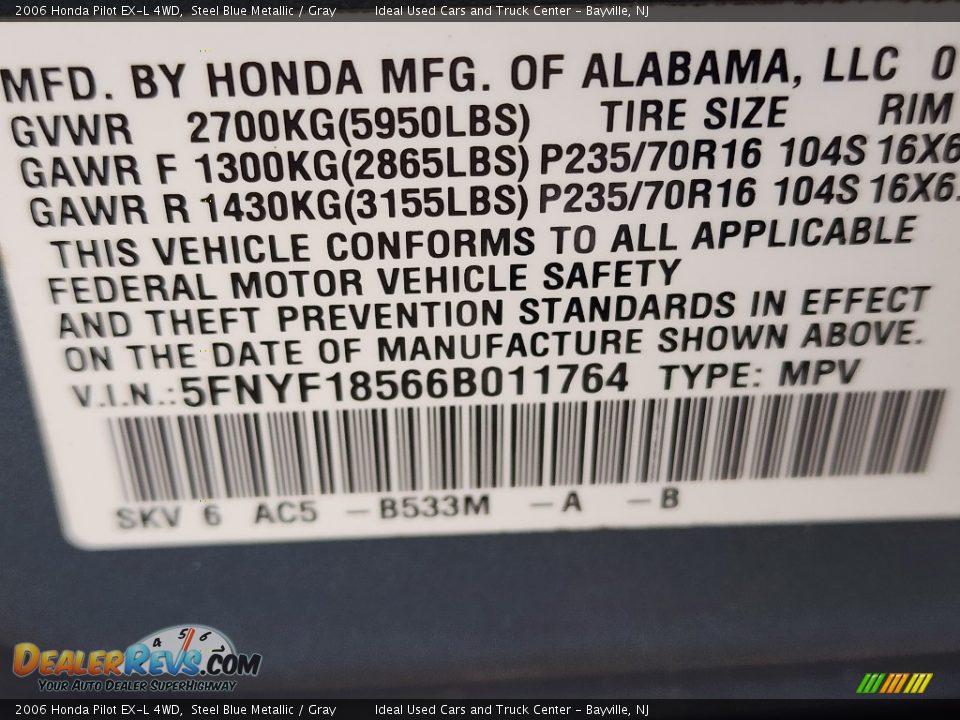 2006 Honda Pilot EX-L 4WD Steel Blue Metallic / Gray Photo #34