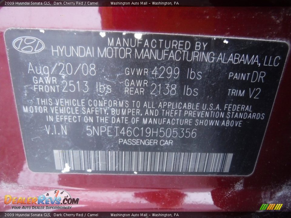 2009 Hyundai Sonata GLS Dark Cherry Red / Camel Photo #29