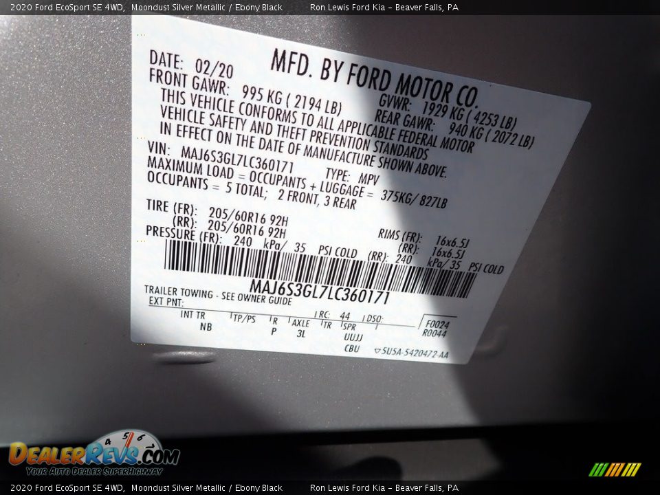 2020 Ford EcoSport SE 4WD Moondust Silver Metallic / Ebony Black Photo #20