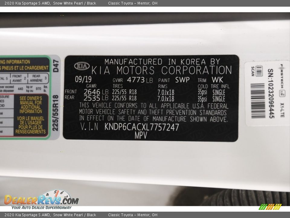 2020 Kia Sportage S AWD Snow White Pearl / Black Photo #20