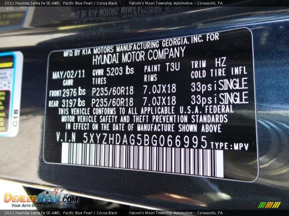 2011 Hyundai Santa Fe SE AWD Pacific Blue Pearl / Cocoa Black Photo #28