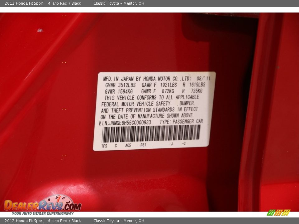2012 Honda Fit Sport Milano Red / Black Photo #18