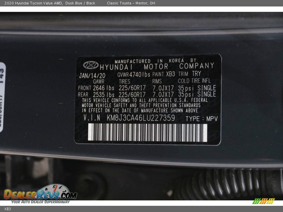 Hyundai Color Code XB3 Dusk Blue