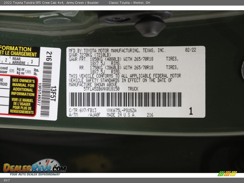 Toyota Color Code 6V7 Army Green