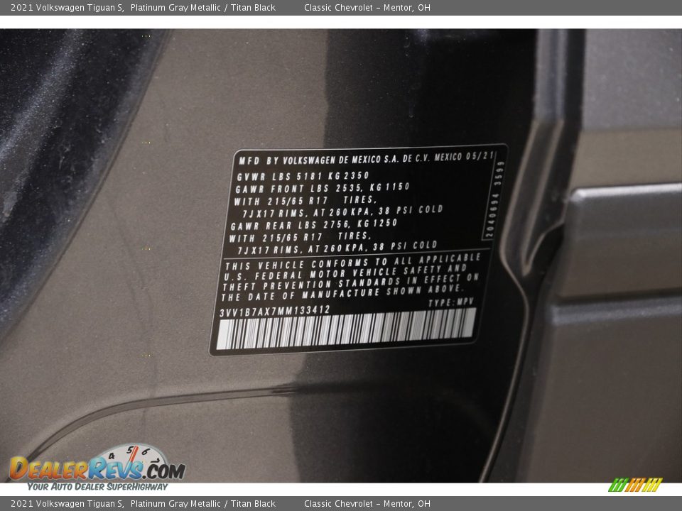 2021 Volkswagen Tiguan S Platinum Gray Metallic / Titan Black Photo #21