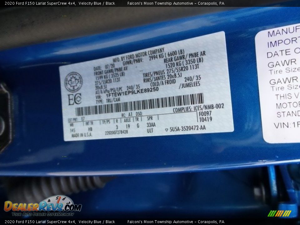 2020 Ford F150 Lariat SuperCrew 4x4 Velocity Blue / Black Photo #27