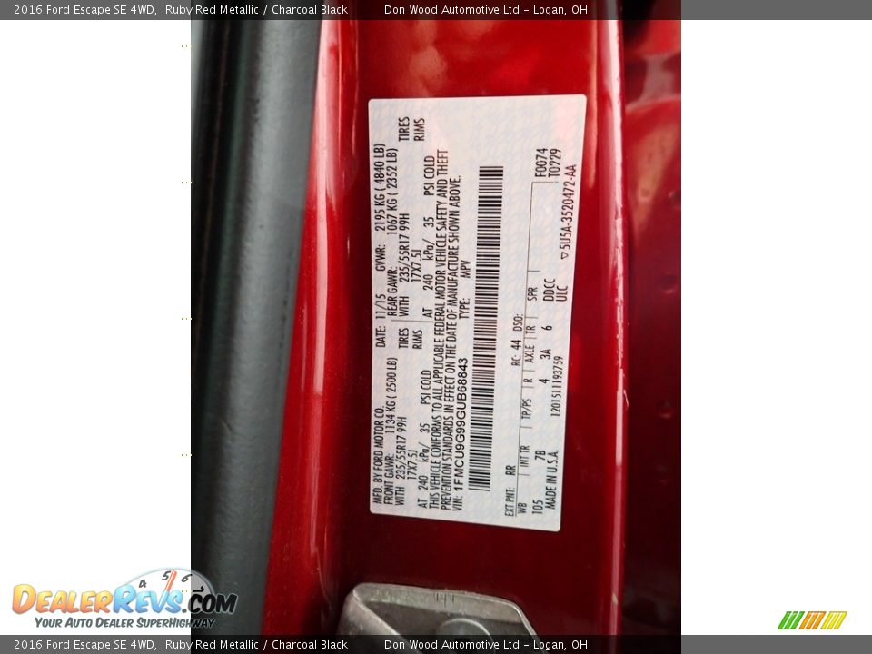 2016 Ford Escape SE 4WD Ruby Red Metallic / Charcoal Black Photo #31