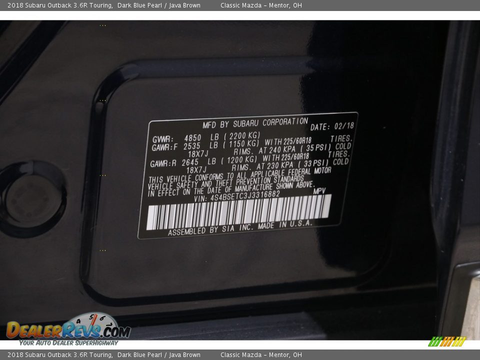 2018 Subaru Outback 3.6R Touring Dark Blue Pearl / Java Brown Photo #23