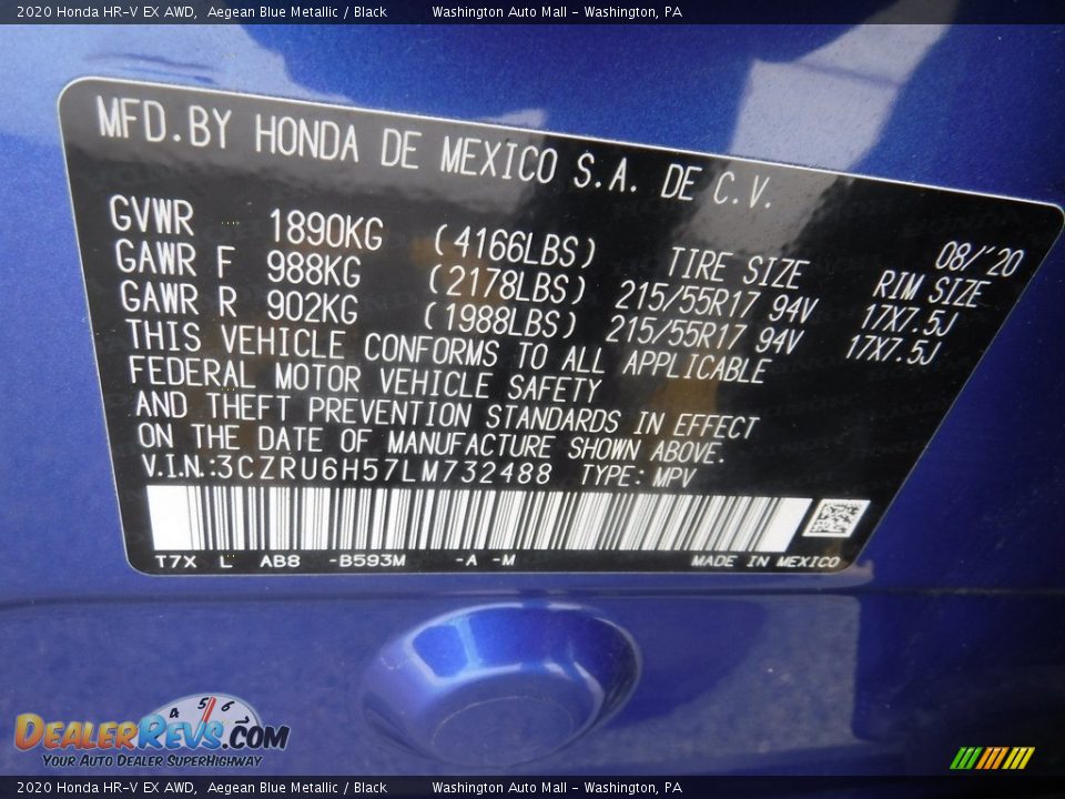 2020 Honda HR-V EX AWD Aegean Blue Metallic / Black Photo #32