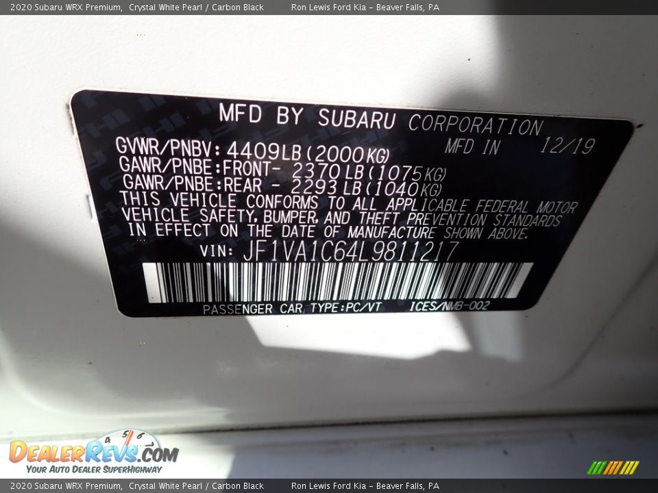 2020 Subaru WRX Premium Crystal White Pearl / Carbon Black Photo #20