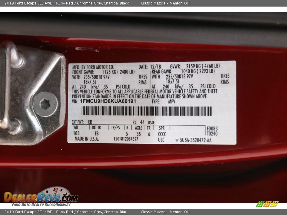 2019 Ford Escape SEL 4WD Ruby Red / Chromite Gray/Charcoal Black Photo #22