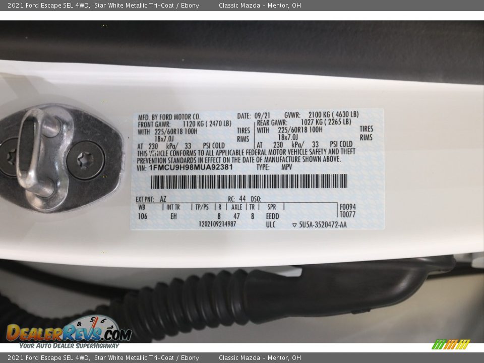 2021 Ford Escape SEL 4WD Star White Metallic Tri-Coat / Ebony Photo #22