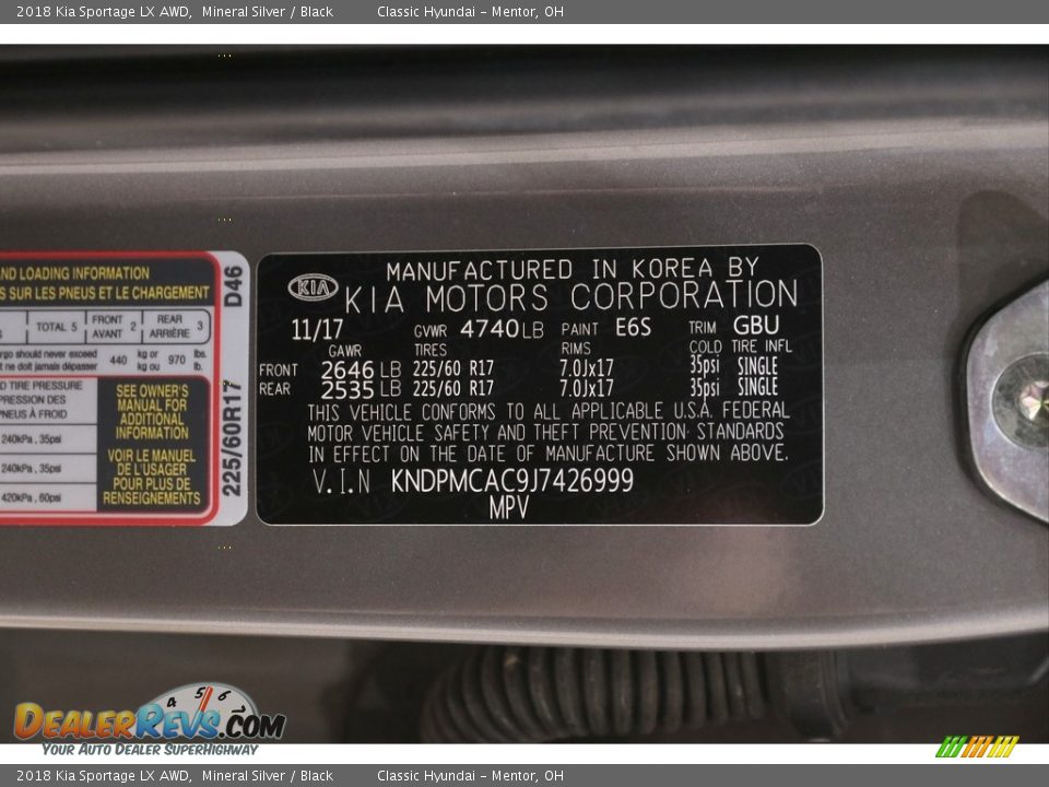 2018 Kia Sportage LX AWD Mineral Silver / Black Photo #20