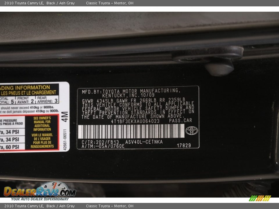 2010 Toyota Camry LE Black / Ash Gray Photo #20