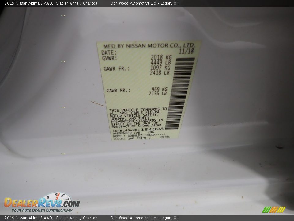 2019 Nissan Altima S AWD Glacier White / Charcoal Photo #31