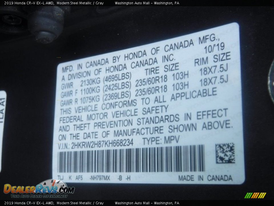 2019 Honda CR-V EX-L AWD Modern Steel Metallic / Gray Photo #35