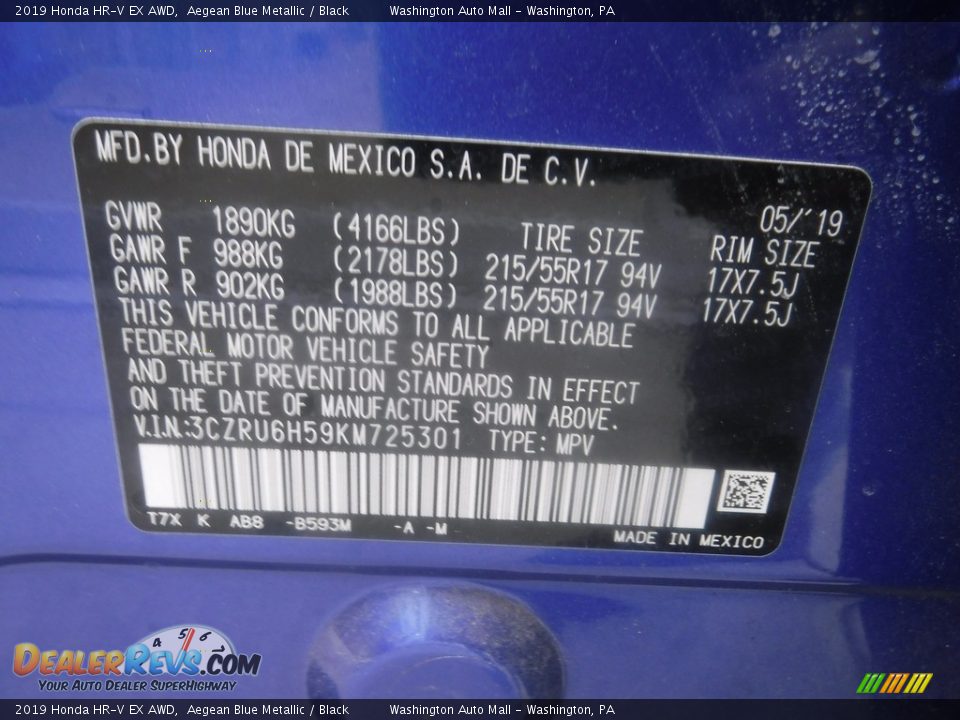 2019 Honda HR-V EX AWD Aegean Blue Metallic / Black Photo #31