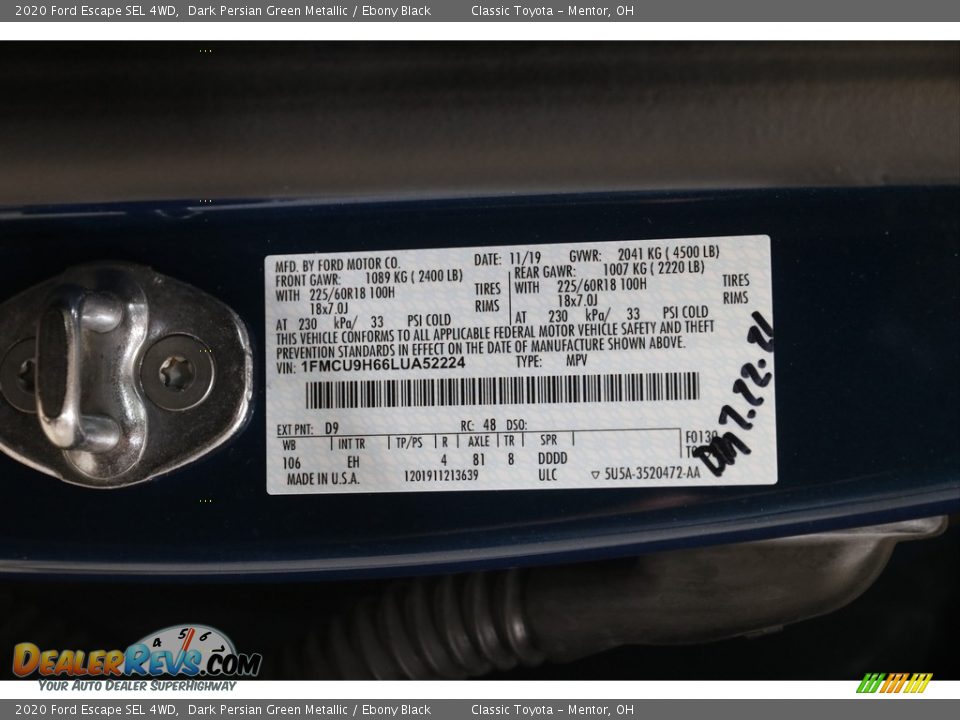 2020 Ford Escape SEL 4WD Dark Persian Green Metallic / Ebony Black Photo #22