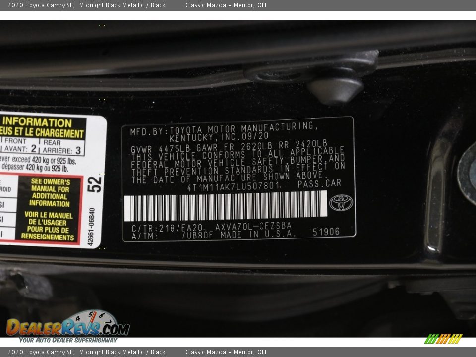 2020 Toyota Camry SE Midnight Black Metallic / Black Photo #19