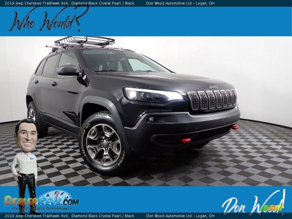2019 Jeep Cherokee Trailhawk 4x4 Diamond Black Crystal Pearl / Black Photo #1