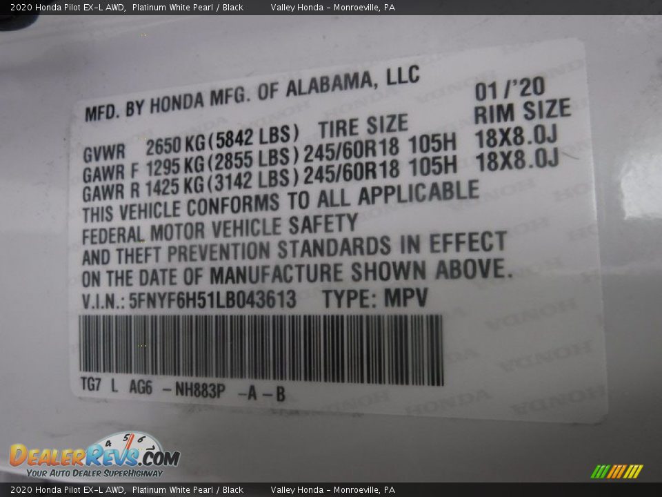 2020 Honda Pilot EX-L AWD Platinum White Pearl / Black Photo #34