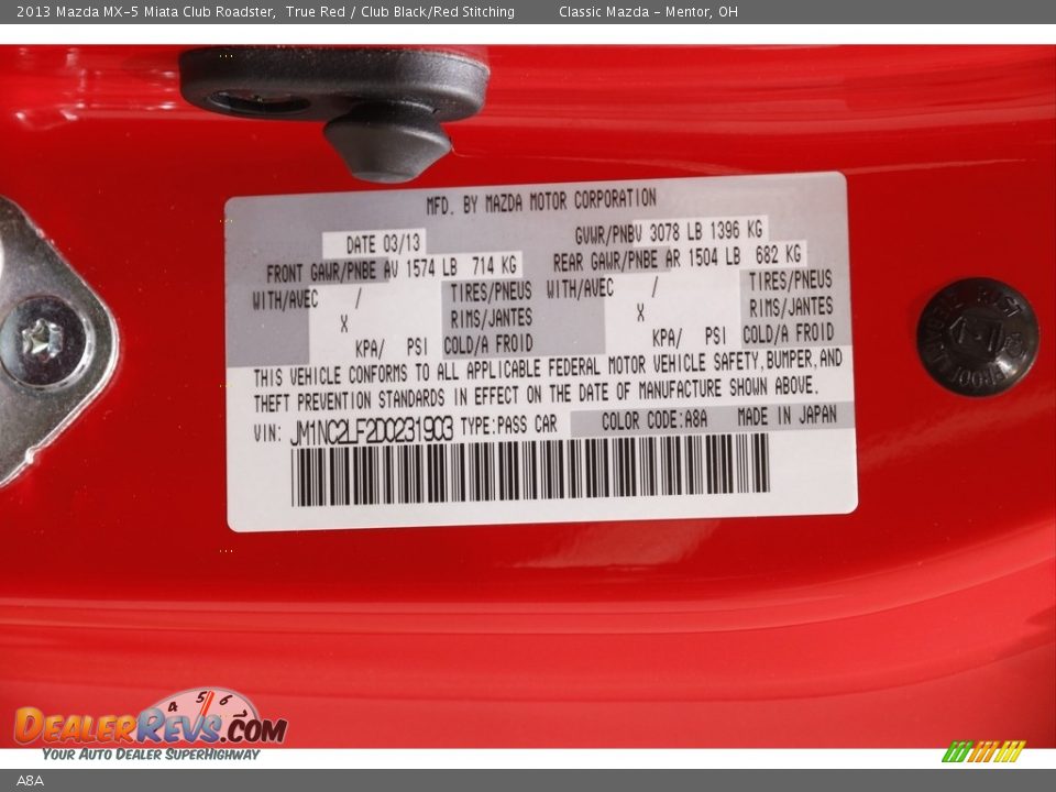 Mazda Color Code A8A True Red