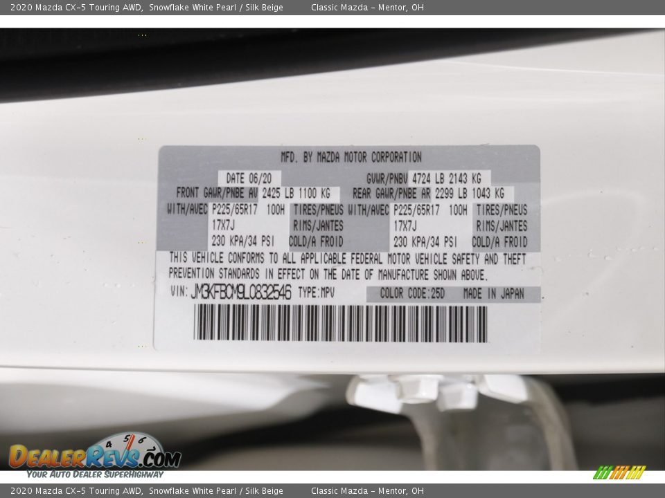 2020 Mazda CX-5 Touring AWD Snowflake White Pearl / Silk Beige Photo #21