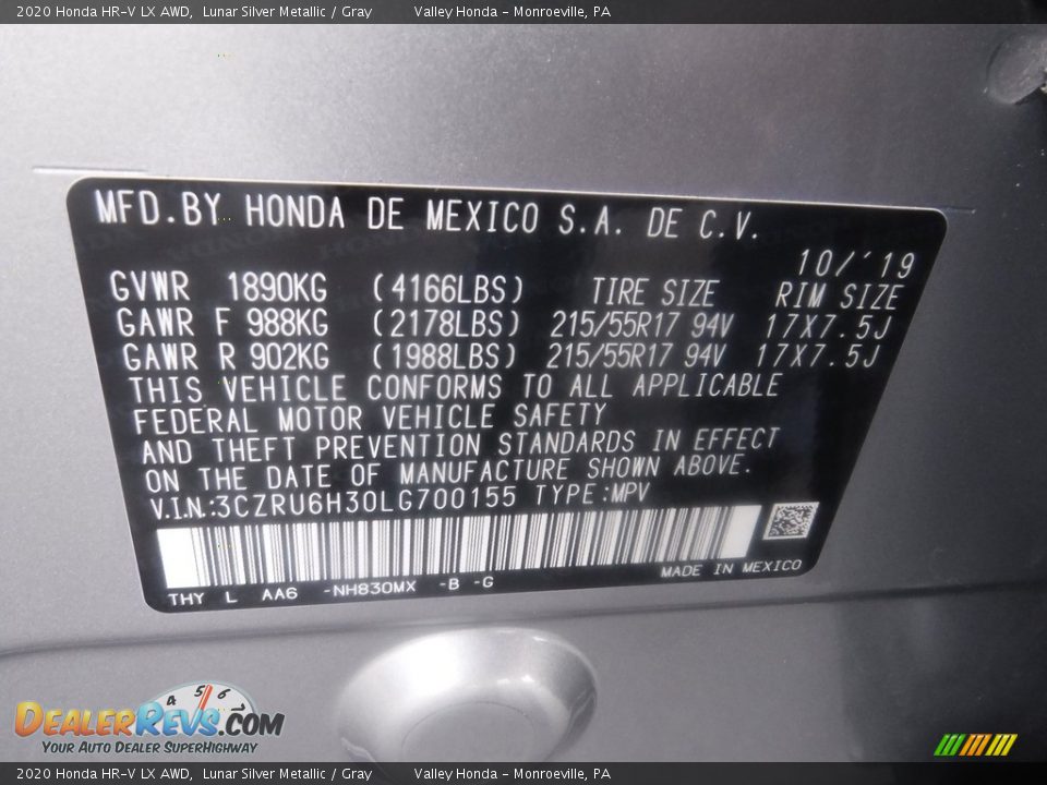 2020 Honda HR-V LX AWD Lunar Silver Metallic / Gray Photo #29