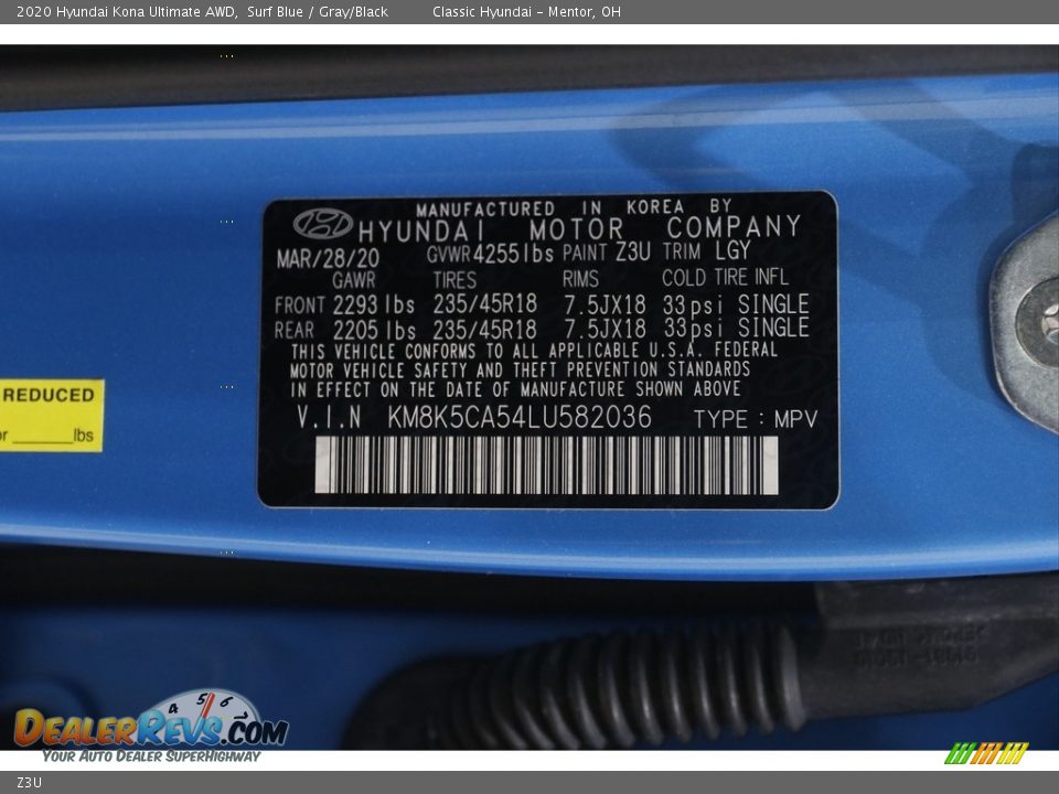 Hyundai Color Code Z3U Surf Blue